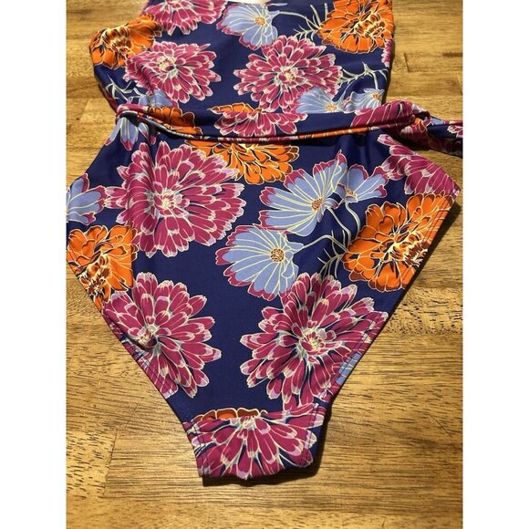Jones New York One Piece Swimsuit Floral One Shoulder Tie Waist Medium Beach - Picture 8 of 10